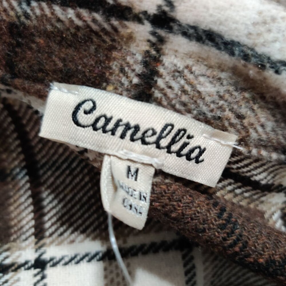 Camellia M Brown Plaid Longline Shirt Jacket Chest Pockets Button Front Shacket - Picture 6 of 9